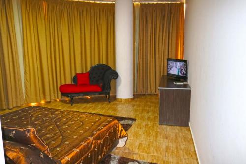 Bedroom with accent armchair and television
